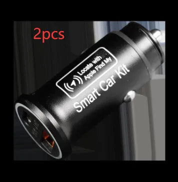 Black car GPS locator with a 12V cigarette lighter plug and a coiled 1.5-metre power cable on a dark surface.