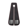 Black car seat hook with suede padding and flip-back design mounted on a grey car seat