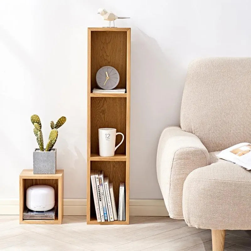 Solid White Oak wall shelf with three lattice grids in walnut colour, mounted on a bedroom wall