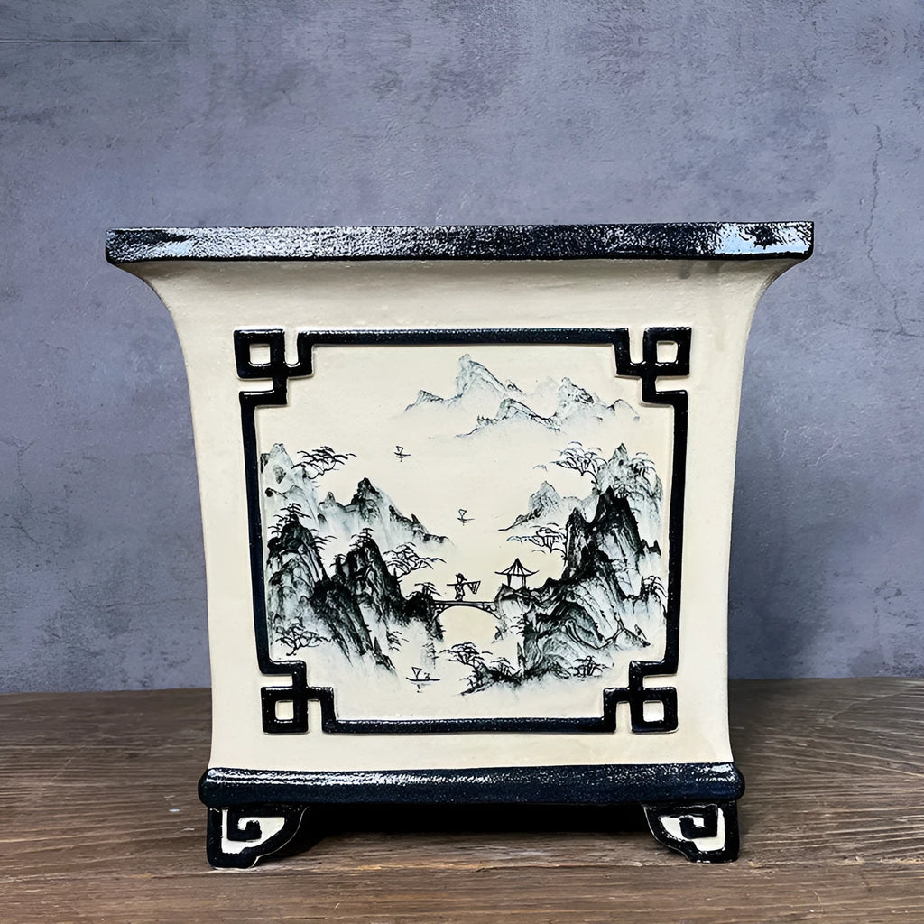 Ceramic flower pot with hand-painted landscape scenery in Chinese style, glazed finish