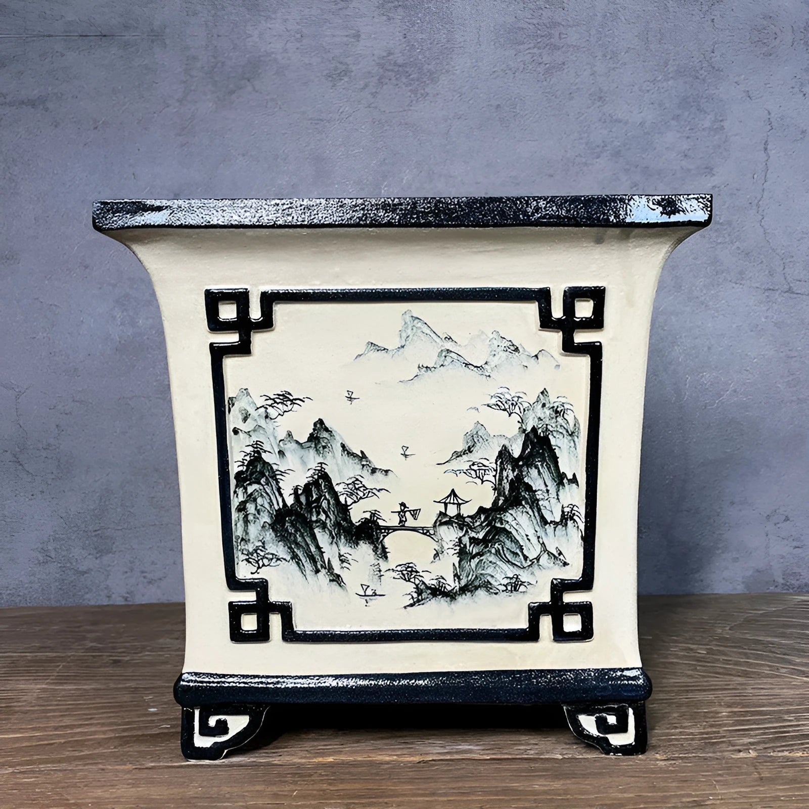 Ceramic flower pot with hand-painted landscape scenery in Chinese style, glazed finish
