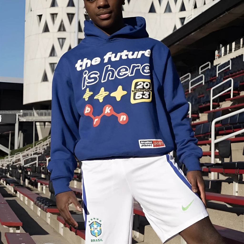 Blue creative pattern pullover hoodie for men with hooded collar
