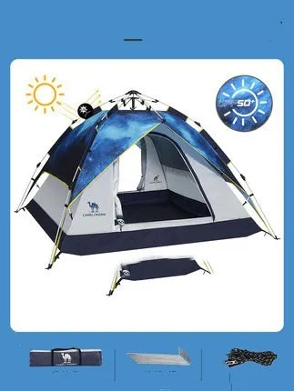 Thickened automatic folding camping tent for 3-4 people in blue, double layer, rainproof, set up outdoors