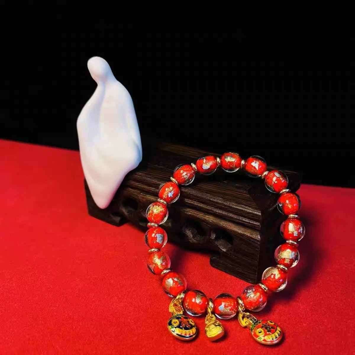 Geometric glass bracelet with auspicious patterns in red, purple, blue, green, black, or colourful.