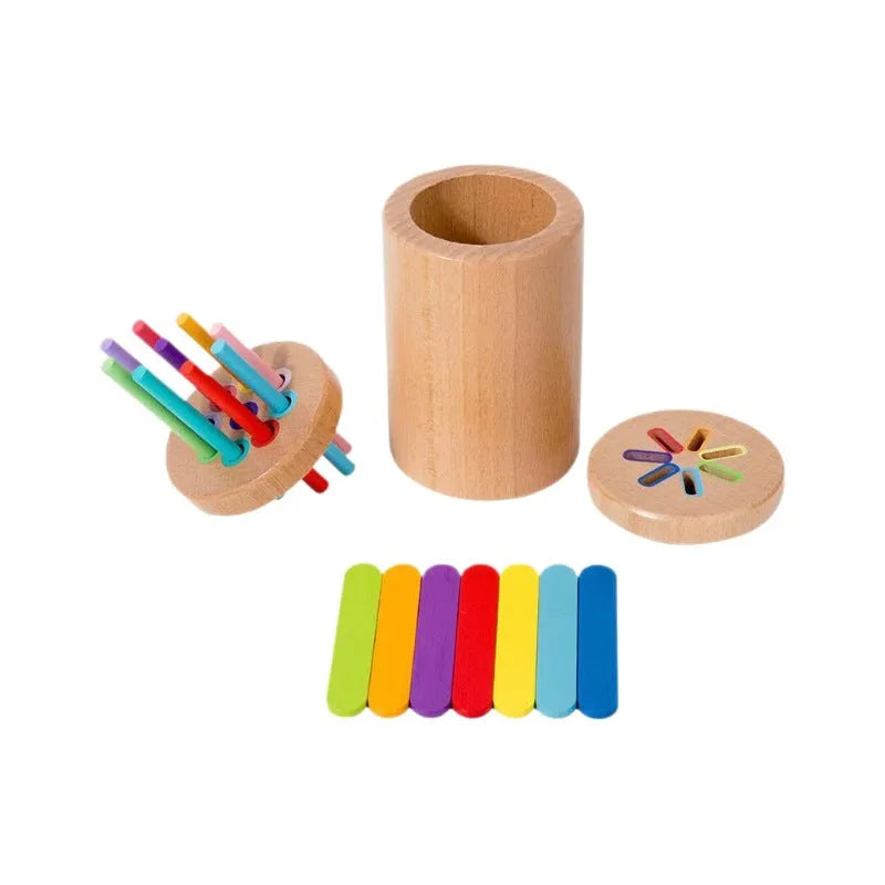 Children's educational wooden toy set with transparent double lid cup, 18 round sticks, and 14 ice cream sticks