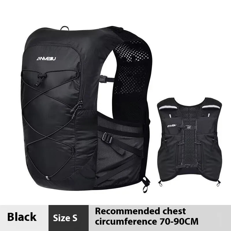 5L nylon hydration backpack in black or white, available in S, M, and L sizes, for cross-country and climbing. Water bag not included.