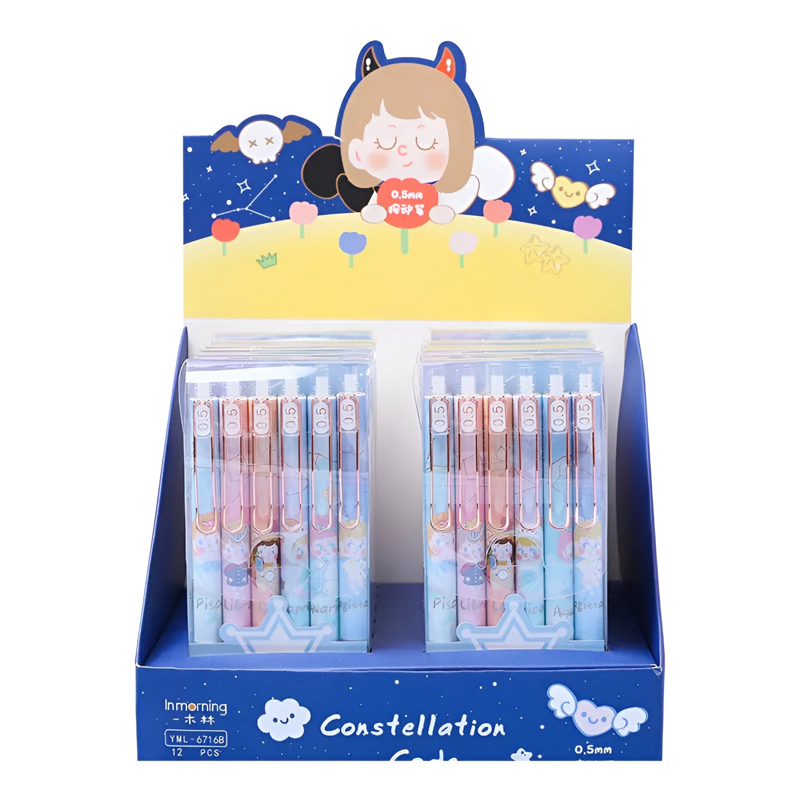 Six Lisa's Secret Constellation press gel pens with zodiac cartoon designs and 0.5mm tips