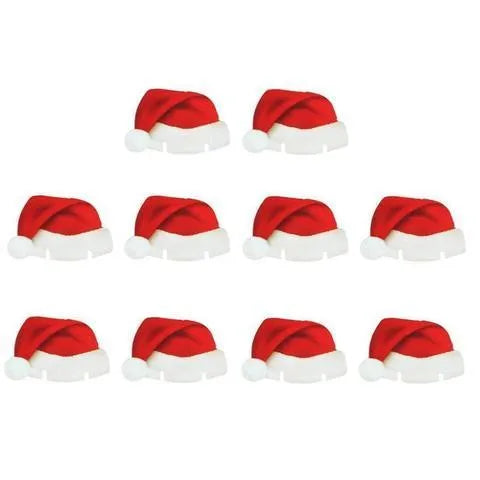 10 red paper Santa hat wine glass toppers on a Christmas table