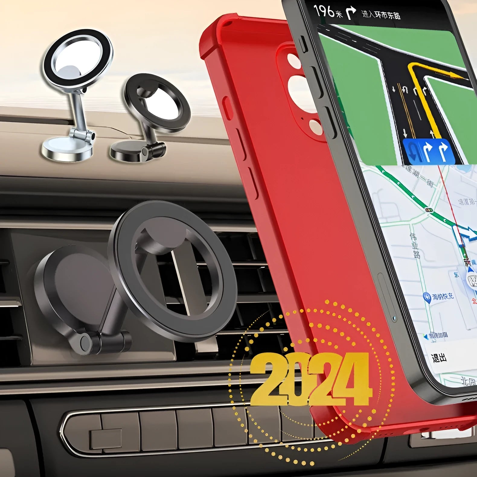 All-metal foldable magnetic car phone mount in Qian colour on a car dashboard.