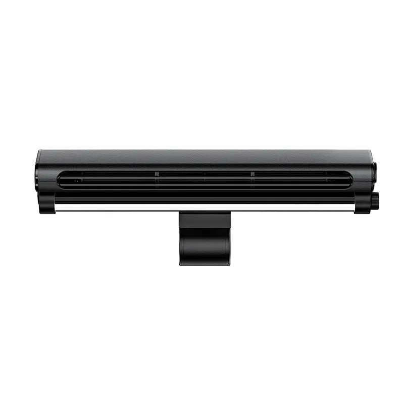 Black USB-powered clip-on bladeless fan with LED light attached to a laptop screen.
