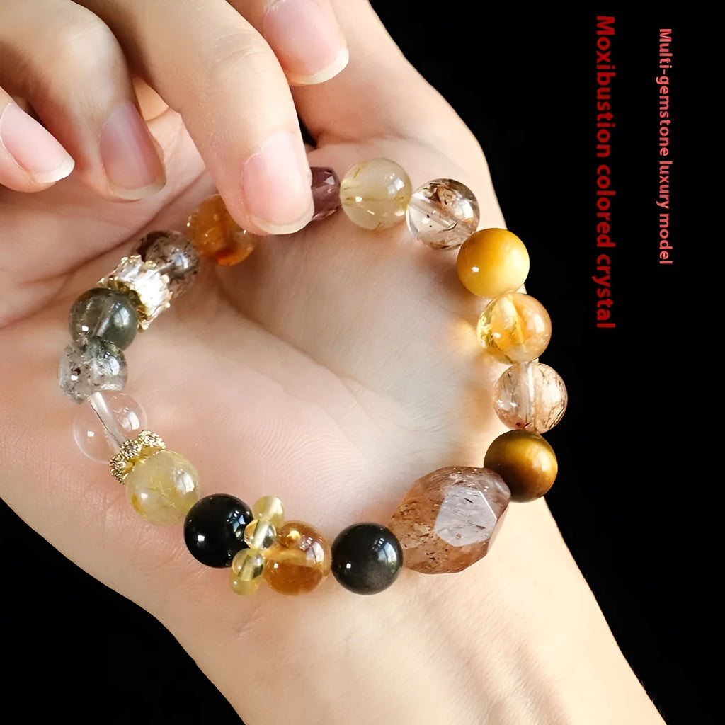 Handmade black and gold string bead bracelet made with natural Duobao crystal.