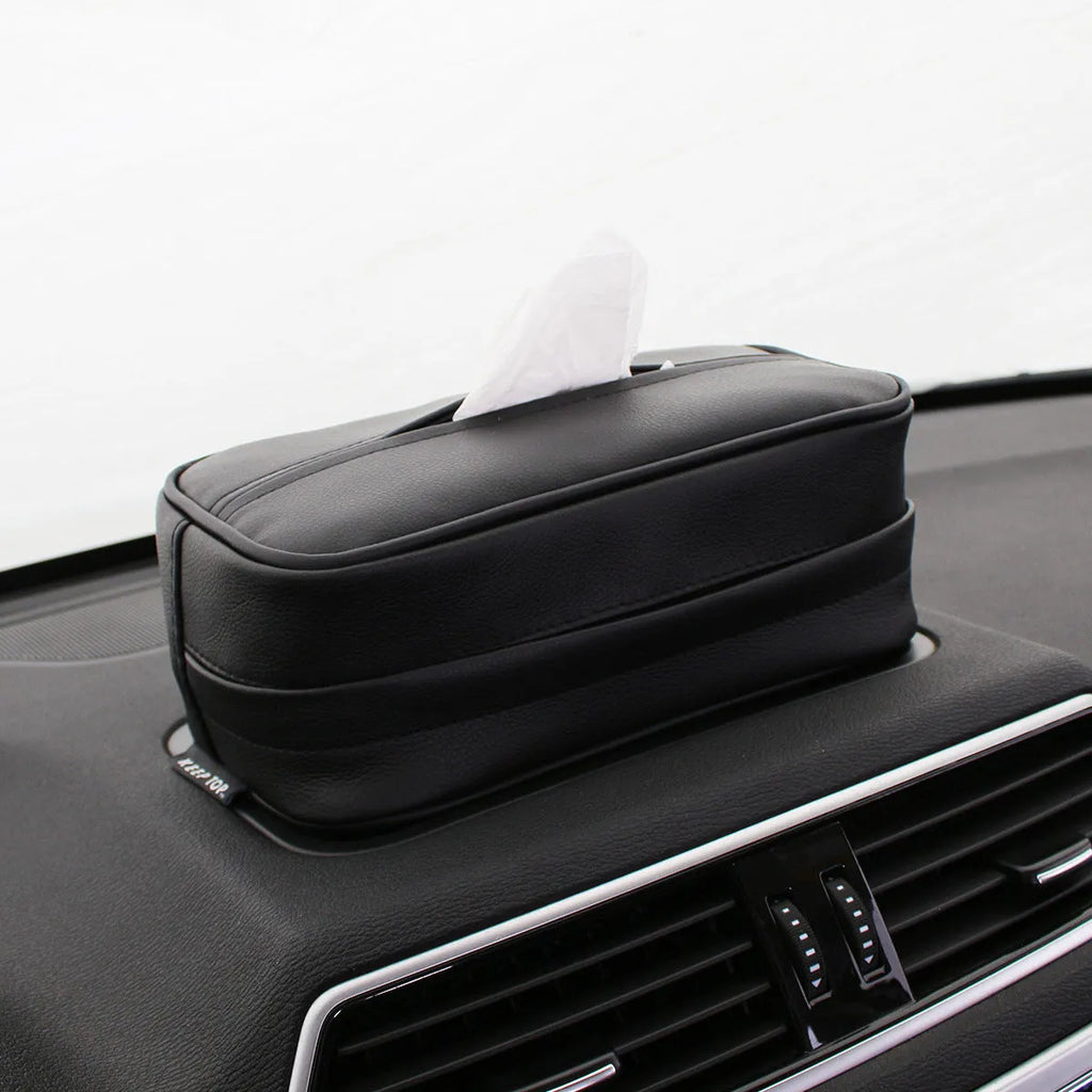 Black leather hanging storage organiser bag with strap for car or home use