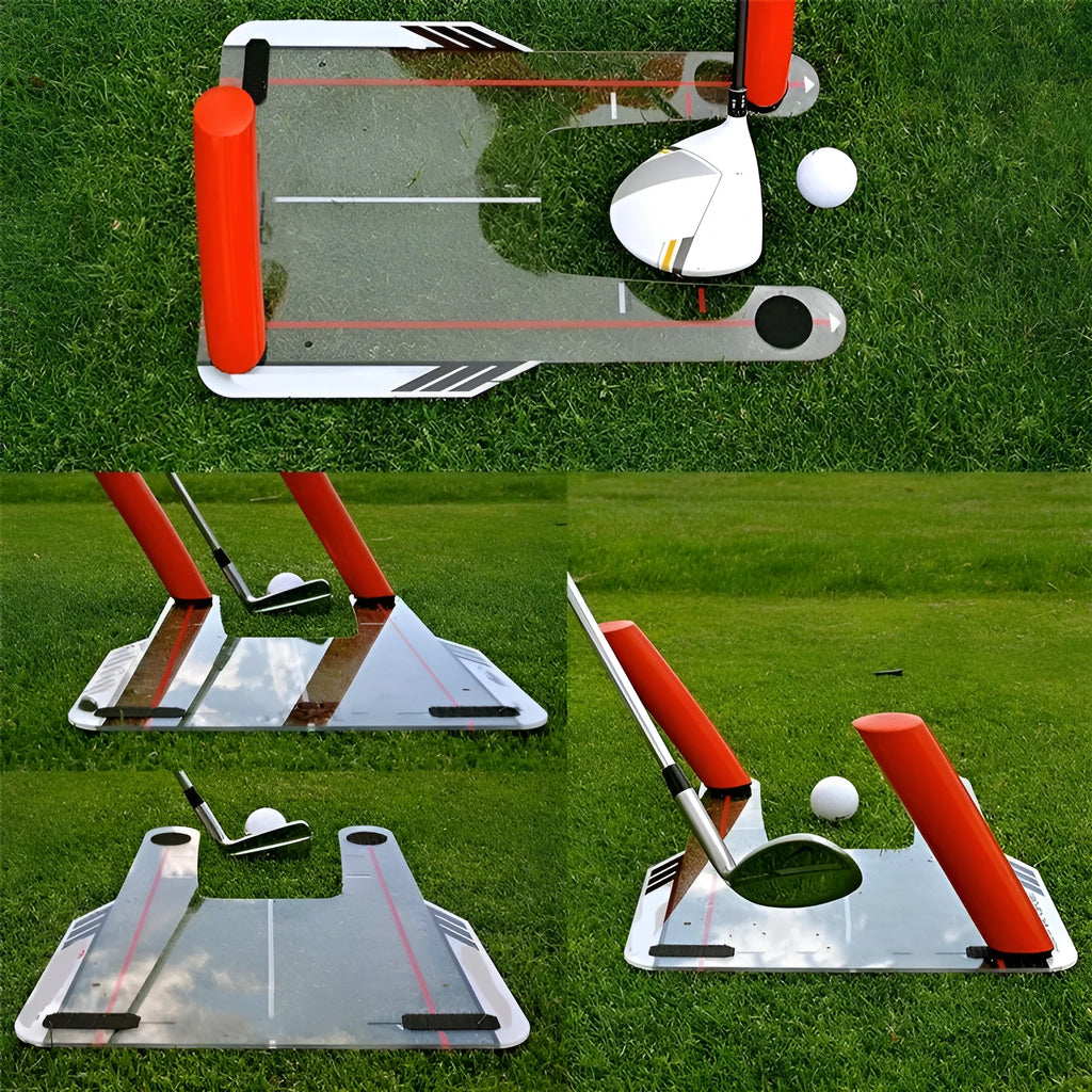 Red plastic putting practice mirror for golf alignment training, compact size