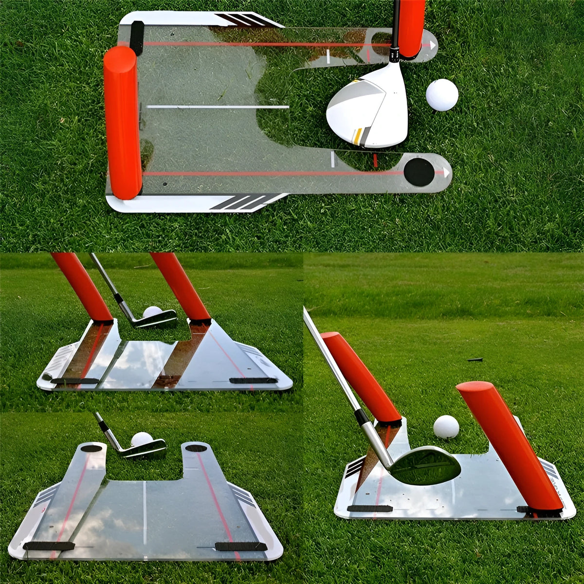 Red plastic putting practice mirror for golf alignment training, compact size