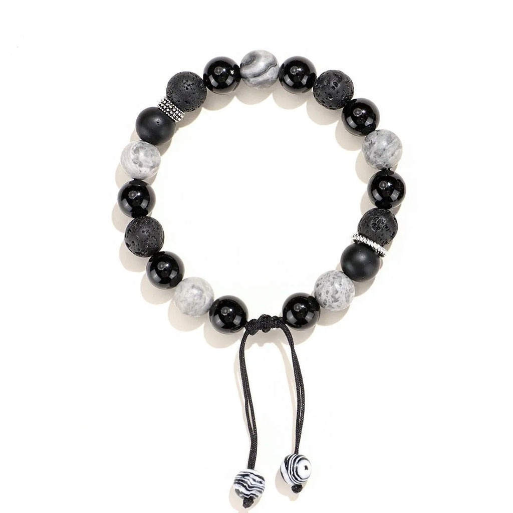 Black agate map stone volcanic bracelet with diamond shape design in New Chinese style