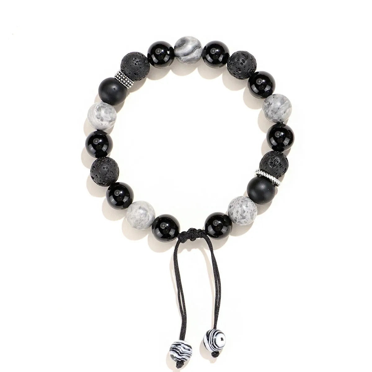 Black agate map stone unisex bracelet with volcanic rock in diamond shape, 8mm and 10mm sizes