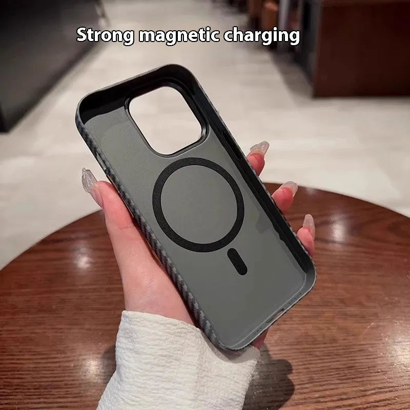 PC phone case with carbon fiber grain texture, Graphite Black colour, magnetic ring visible, for iPhone series.