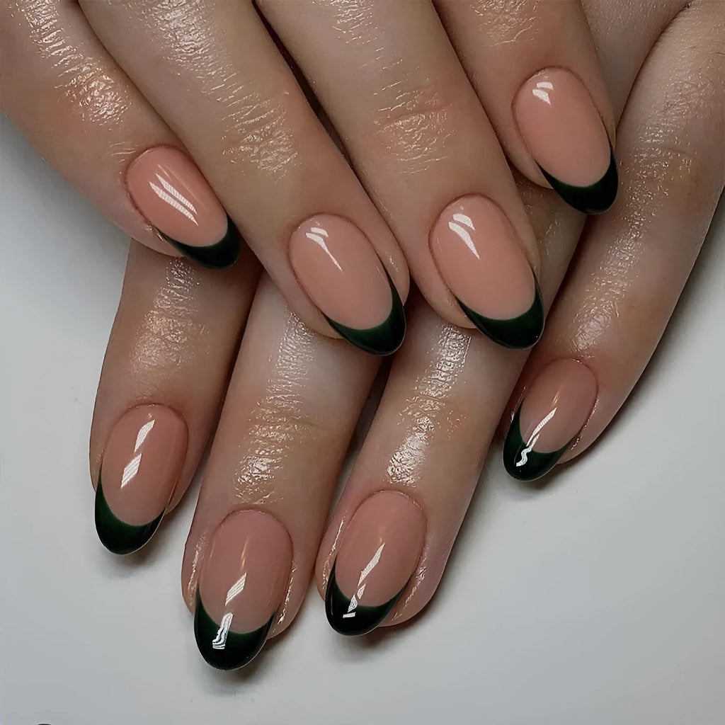 24 black French style artificial nails with almond shaping in J049 colour