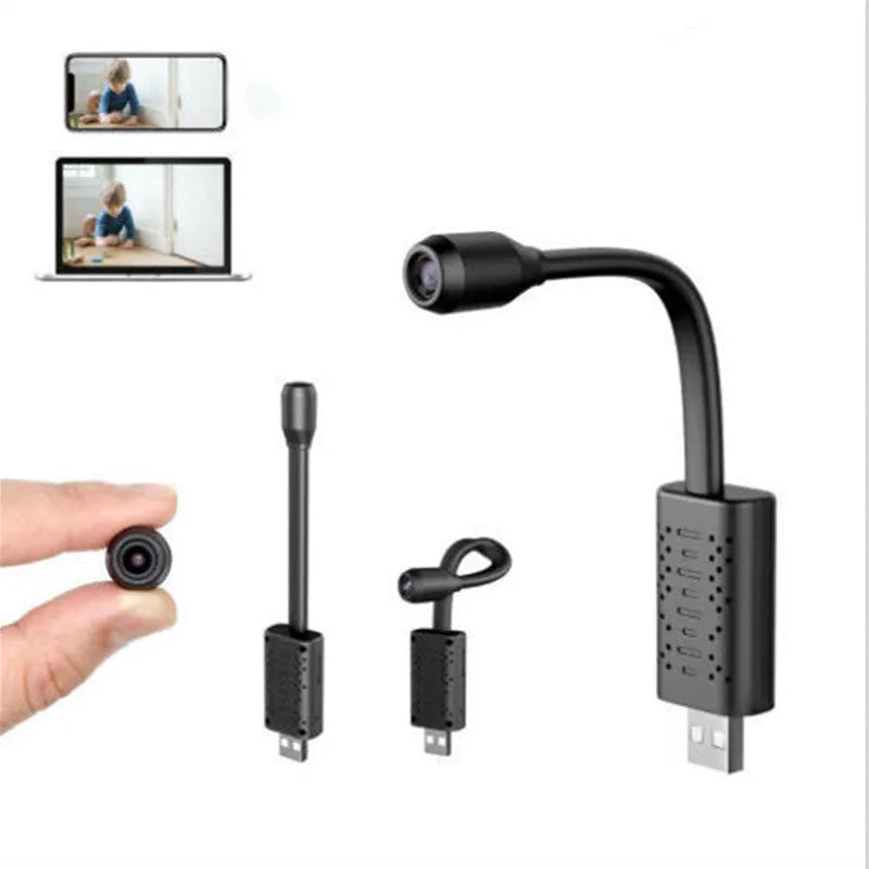 Black V380 wireless USB HD camera showing compact size and USB connection port.