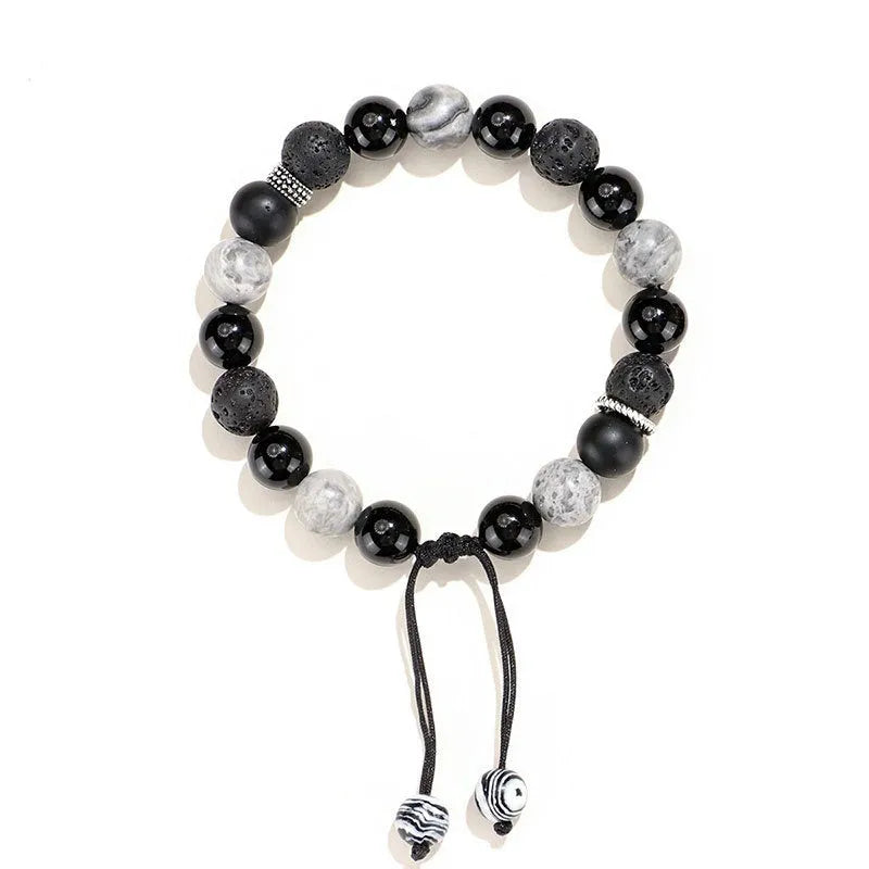 Black agate map stone unisex bracelet with volcanic rock in diamond shape, 8mm and 10mm sizes
