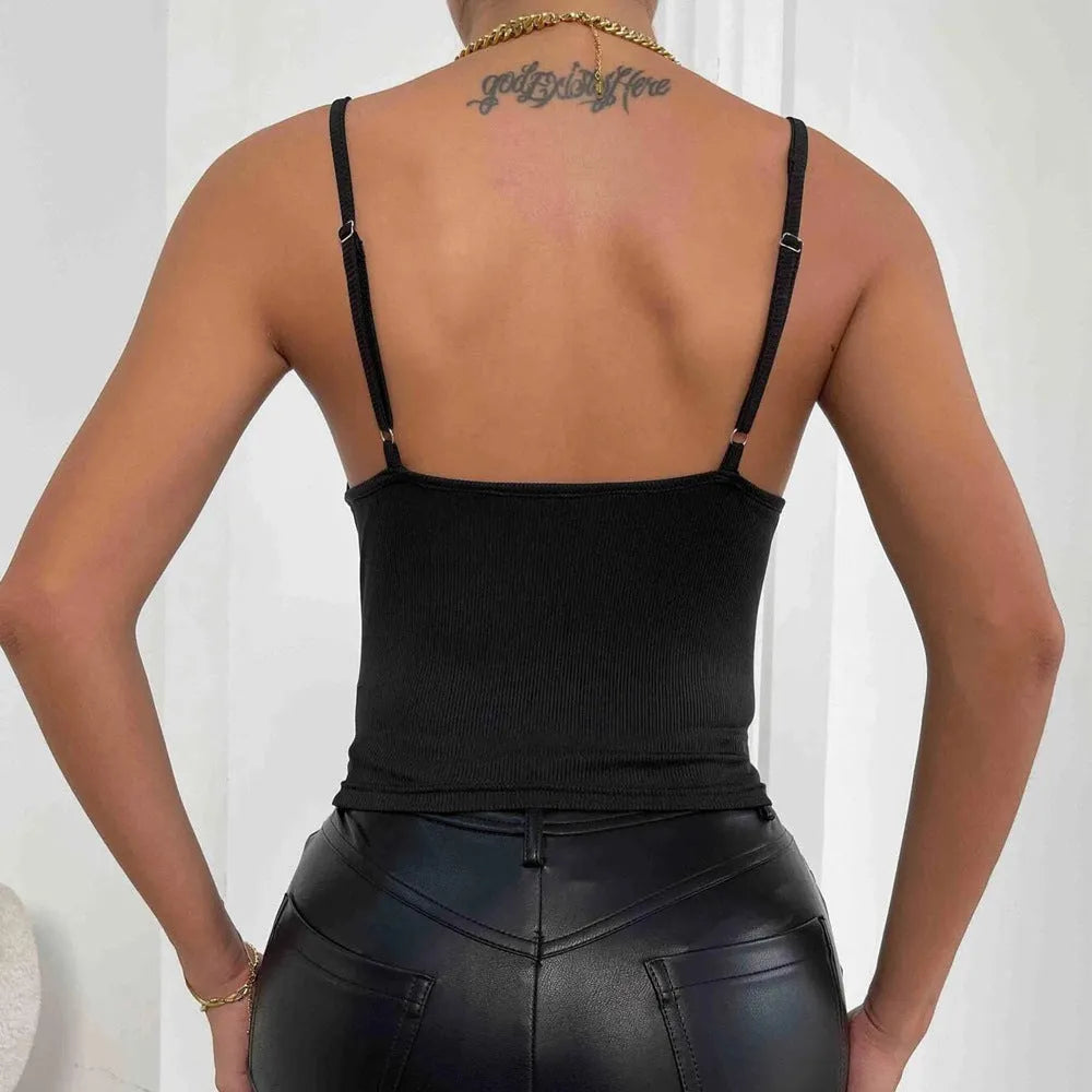 Women's black lace camisole backless slim tank top with short 40cm length on display