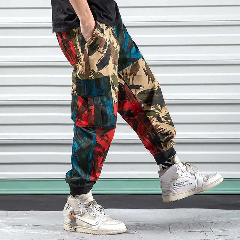 Blue camouflage overalls casual pants made of polyester fibre, full-length loose fit, front view