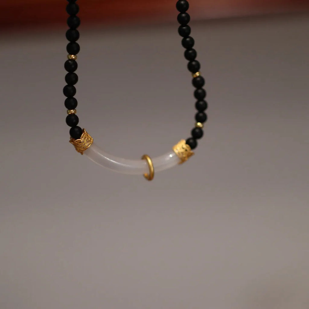 Women's Chinese style necklace with frosted black agate and white chalcedony stones in 925 silver U-shaped pendant