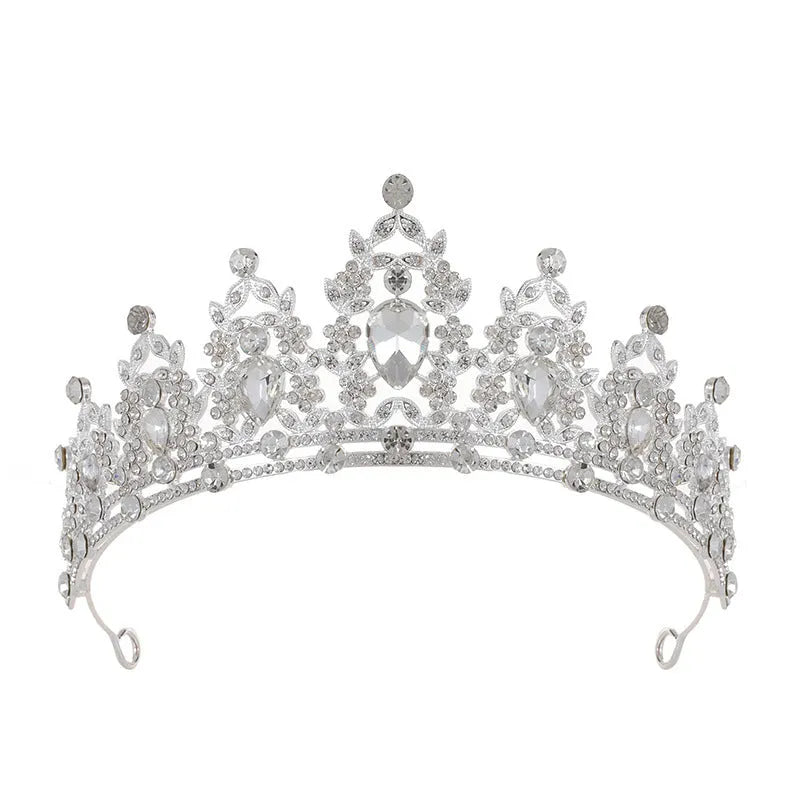 Baroque-style bridal crown hair accessory with rhinestones on an alloy frame in silver and gold colour options.