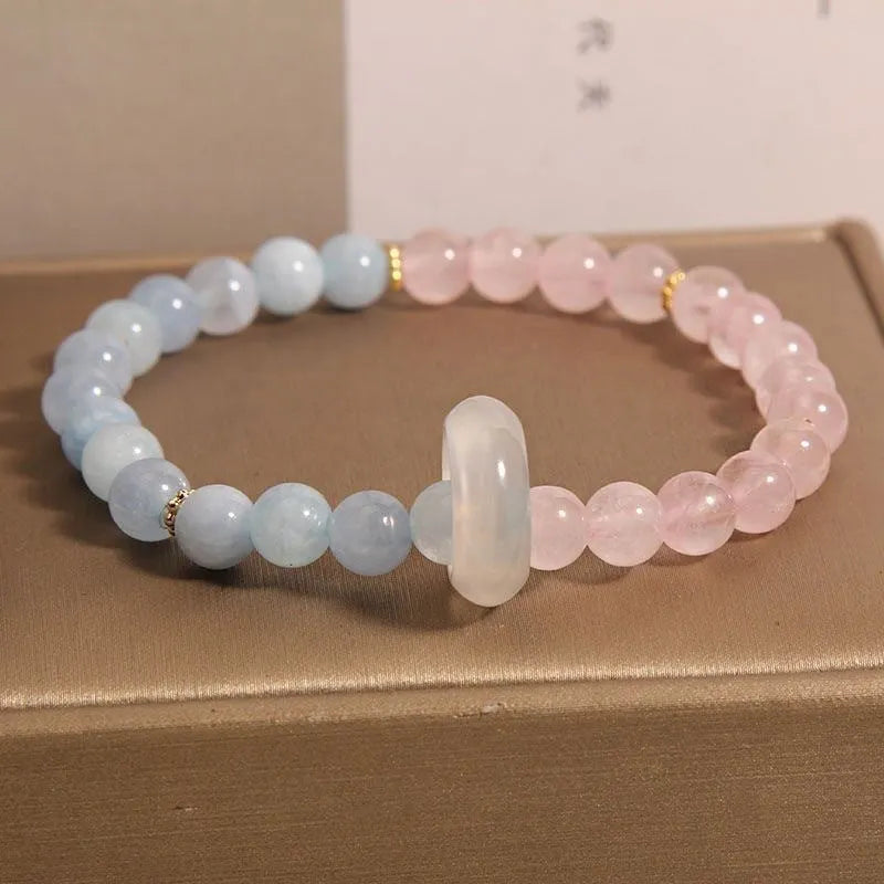 Handmade aquamarine crystal bracelet for women in pink blue and imitation pearl, round geometric shape, light luxury dopamine style