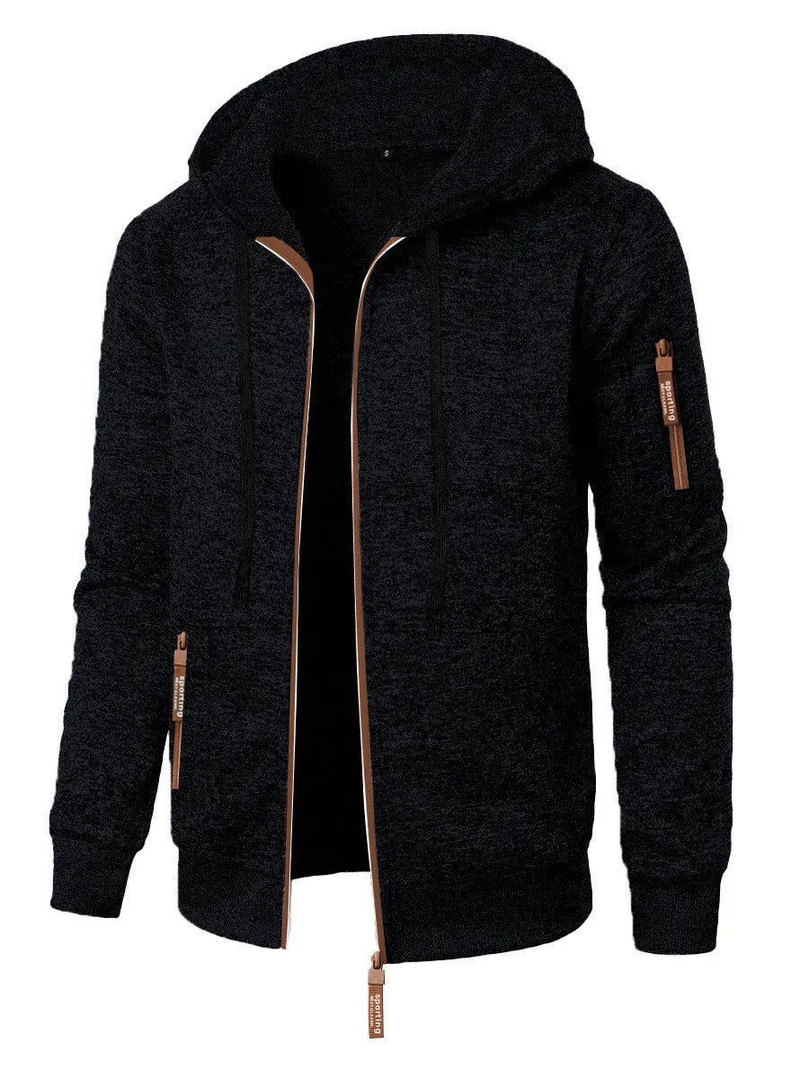 Men's hooded jacquard cardigan coat in black, dark gray, dark blue or denim blue, sizes S to 3XL