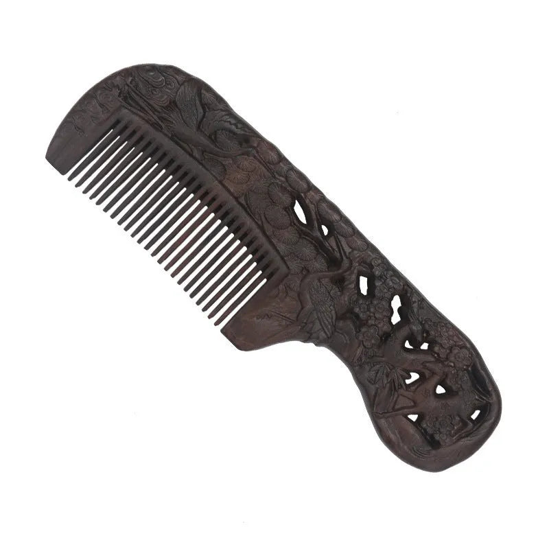 Wooden double-sided carved comb with handle, 180mm, ebony finish, classical Chinese design