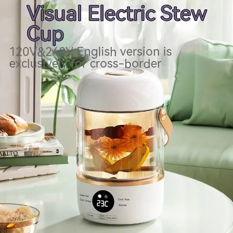 Personal portable electric stew cooker with transparent glass pot and fibreglass body on a desk.