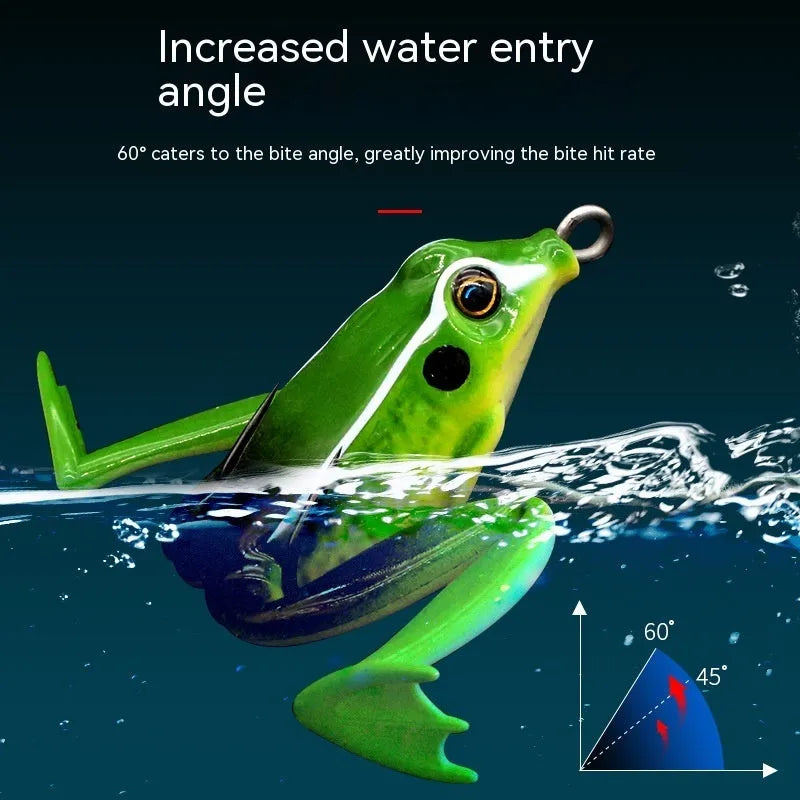 Artificial frog fishing lure with snake head design and double treble hooks in grass green colour