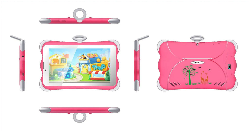 7-inch children's learning tablet with stand in cartoon colours showing IPS screen and 3G calling capability