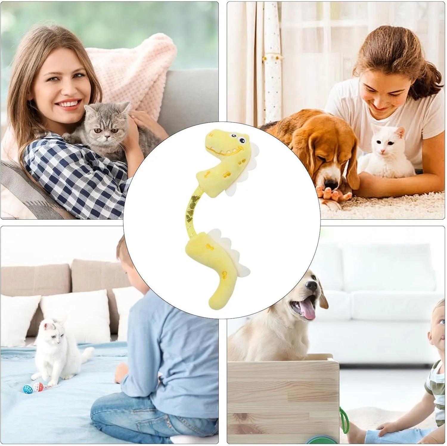 4-piece cat toy bundle showing chew rope, plush mouse, fish, and bunny toys in assorted colours