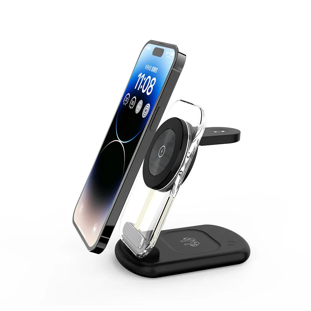 Transparent folding magnetic three-in-one wireless charger in black or white