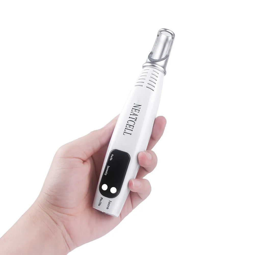 Picosecond laser pen in blue and red colours for tattoo removal and dark spot treatment, with charge cable and safe goggles