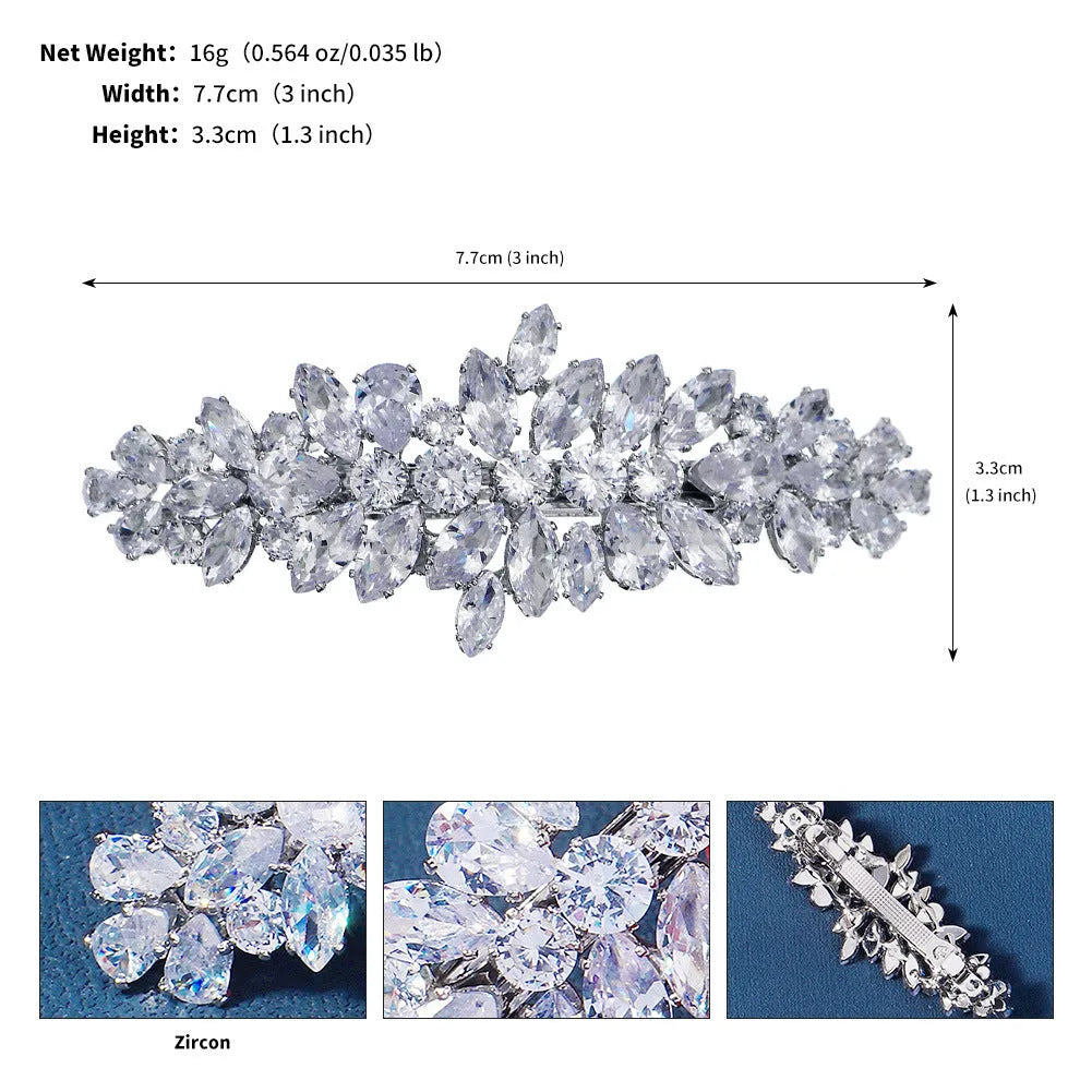 Women's inlaid zircon spring clip barrettes with electroplated leaf design on a neutral background