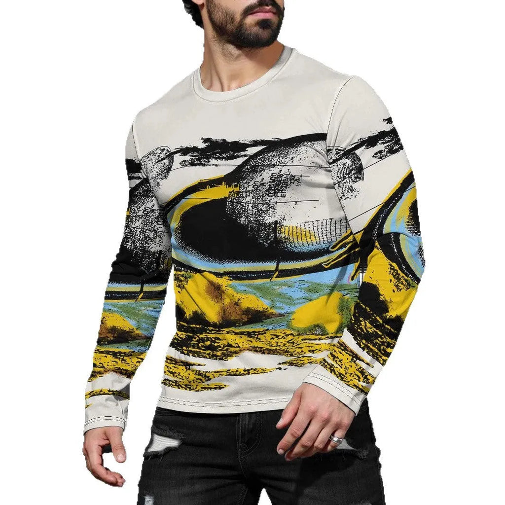 Man wearing a milk silk long sleeve pullover top with a round neck in a casual setting.