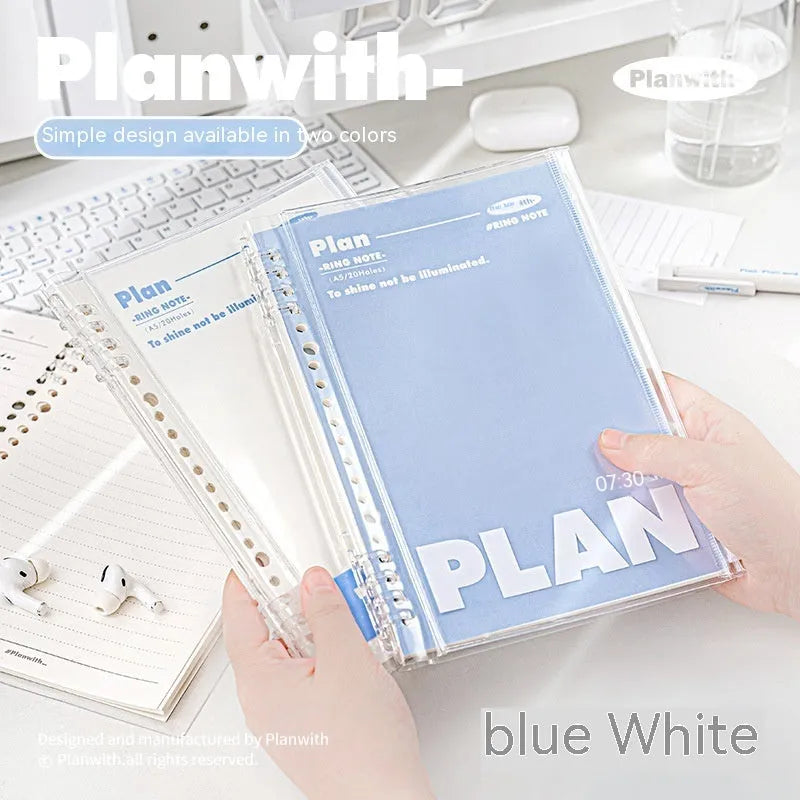 A5 PVC spiral notebook cover in blue or white transparent finish, dimensions 148mm by 210mm