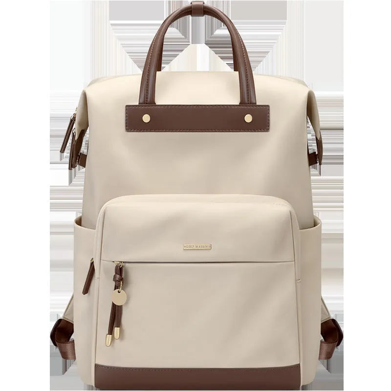 Large women's backpack in apricot colour with adjustable shoulder straps showing dimensions