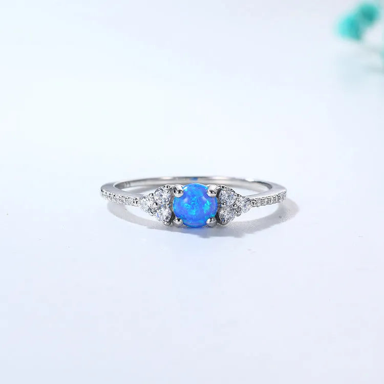 Geometric big diamond silver ring in white opal or blue opal, sizes 5 to 9, Mori Girl style.