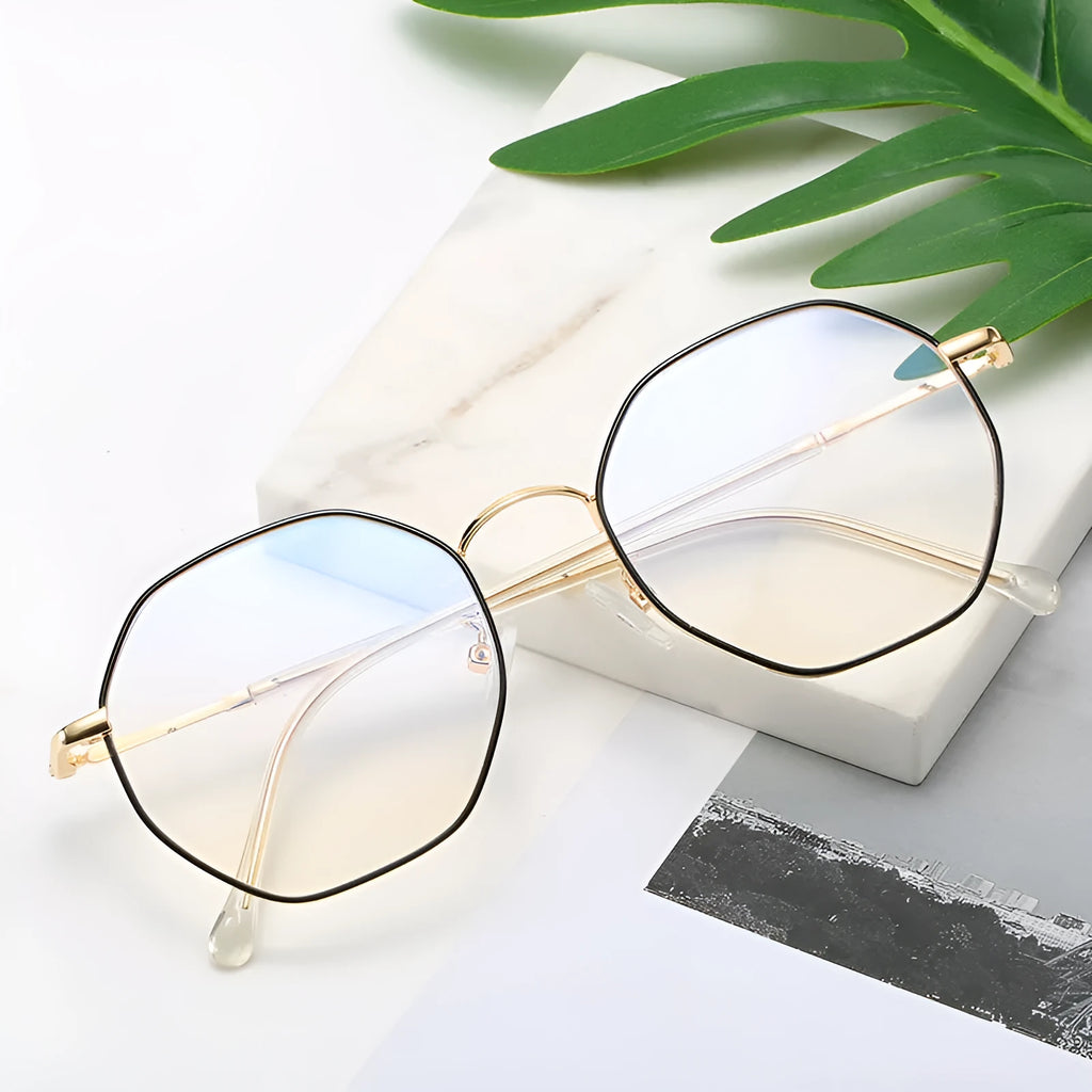 Irregular geometric anti-blue light glasses with metal alloy frame splicing, white flat lenses, and unisex full-frame design in black, gold, or silver.