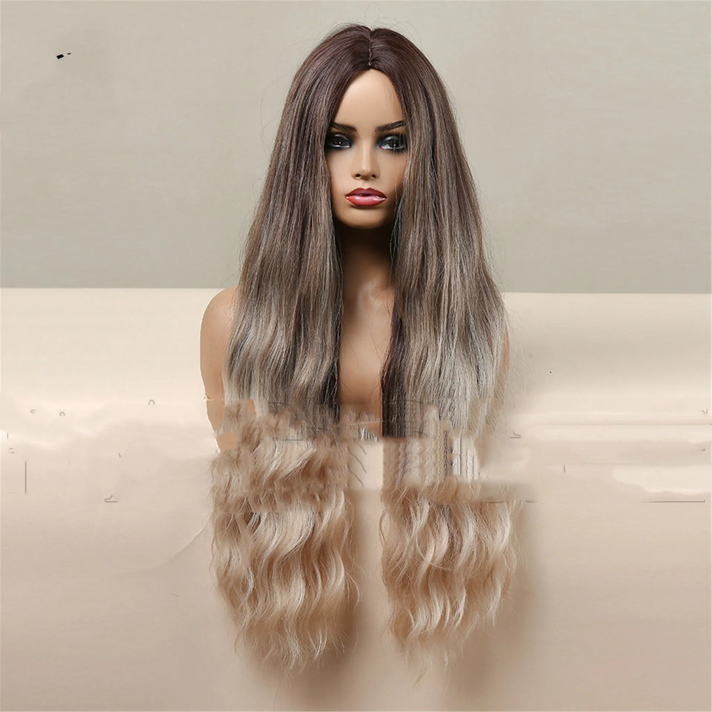 75cm medium brown gradient blonde curly wig on head form showing length and bangs