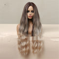 75cm medium brown gradient blonde curly wig on head form showing length and bangs