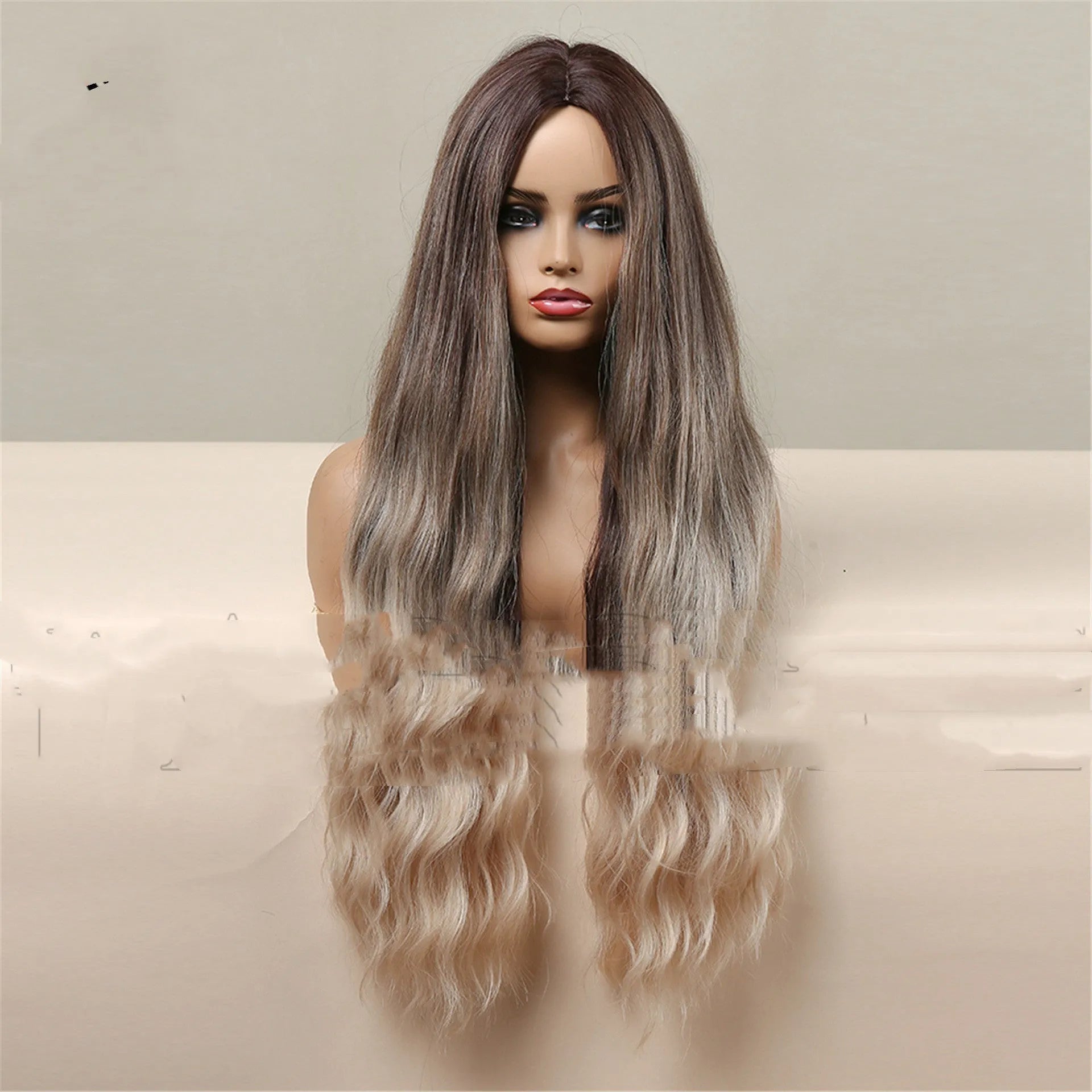 75cm medium brown gradient blonde curly wig on head form showing length and bangs