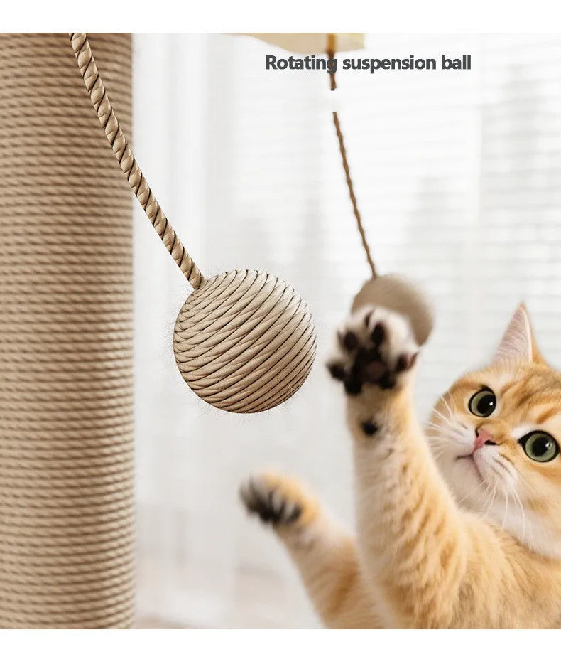 A 62cm tall pine wood cat climbing frame with carpet leather scratching posts, platforms, and a red windmill hanging ball toy.