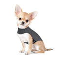 Heather grey dog anxiety vest in brocade cotton ponte-de-roma fabric on a medium-sized dog.