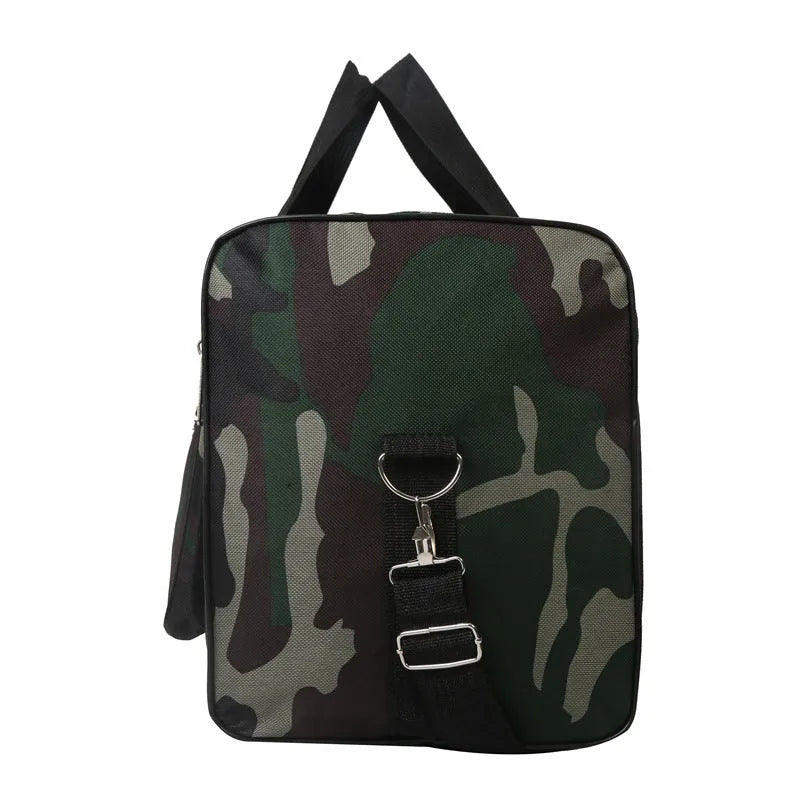 Green camouflage waterproof fabric luggage bag with striped polyester lining.