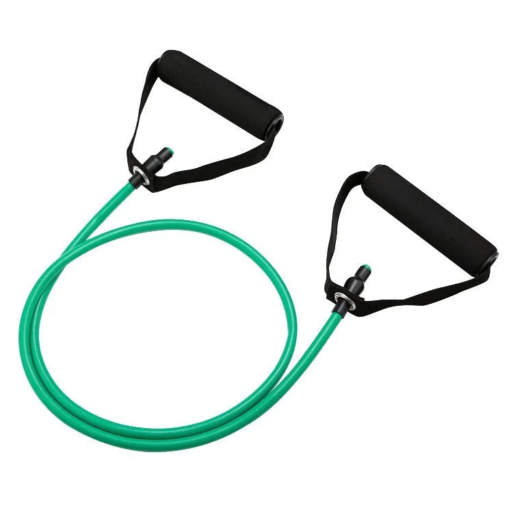 Set of five colour-coded TPE resistance bands for an adjustable chest expander: yellow, green, red, blue, and black.